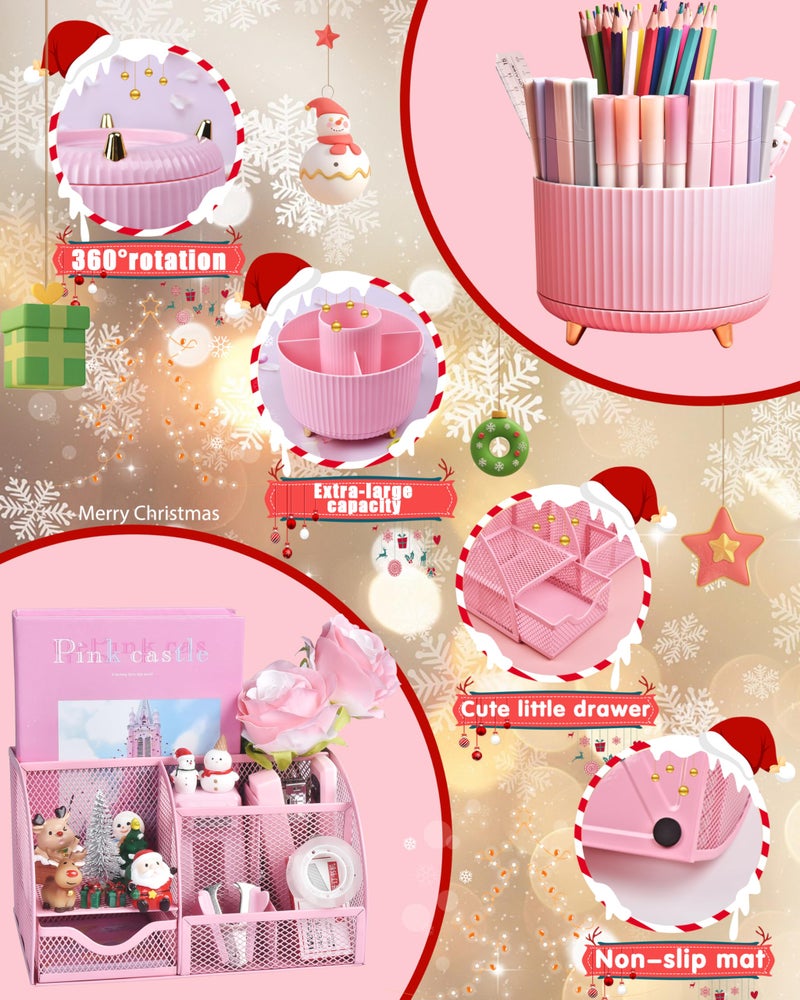 LXEVIHK 21Pcs Pink Desk Organizers and Accessories With Mesh Desk Organizer and 360Â°Rotating Pen Holder and a Lot of Office Pink Office Supplies Beautifully Presented in a Gift Box - Image 2