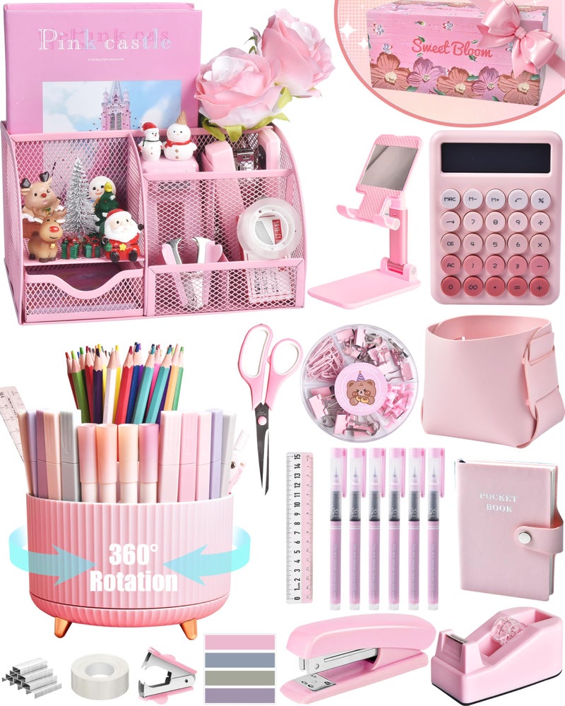 LXEVIHK 21Pcs Pink Desk Organizers and Accessories With Mesh Desk Organizer and 360Â°Rotating Pen Holder and a Lot of Office Pink Office Supplies Beautifully Presented in a Gift Box - Image 1