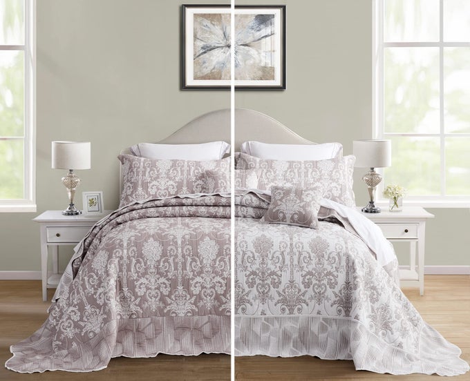 OVERSIZED KING BEDSPREAD 128X120 EXTRA WIDE JACQUARD MATELASSE DAMASK PATTERN DESIGN LIGHTWEIGHT REVERSIBLE 5 PIECE 100 MICROFIBER BEAN PASTE