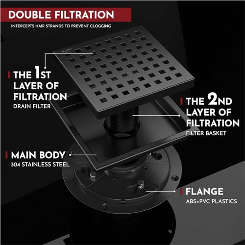 WEBANG 6 Inch Square Shower Floor Drain with Flange,Quadrato Pattern Grate Removable,Food-Grade SUS 304 Stainless Steel,Watermark&CUPC Certified,Matte Black - Image 4