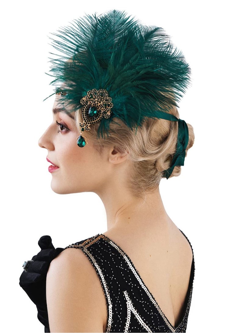 KASTWAVE 1920s Feather Headpiece Rhinestone Crystal Elastic Satin Ribbo Feather Headband, Great Gatsby Hair Accessories for Women,Dark Green - Image 1