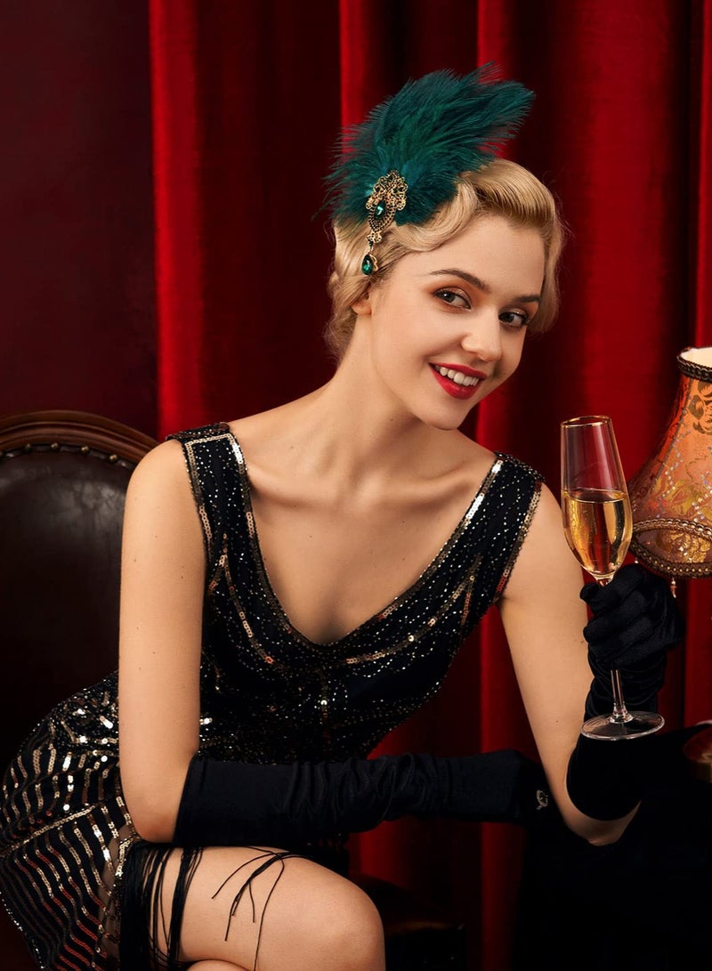 KASTWAVE 1920s Feather Headpiece Rhinestone Crystal Elastic Satin Ribbo Feather Headband, Great Gatsby Hair Accessories for Women,Dark Green - Image 3