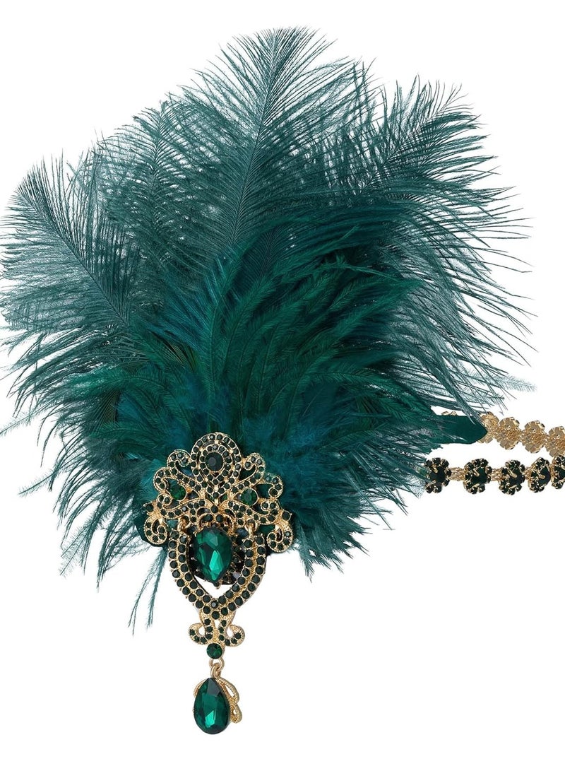 KASTWAVE 1920s Feather Headpiece Rhinestone Crystal Elastic Satin Ribbo Feather Headband, Great Gatsby Hair Accessories for Women,Dark Green - Image 5