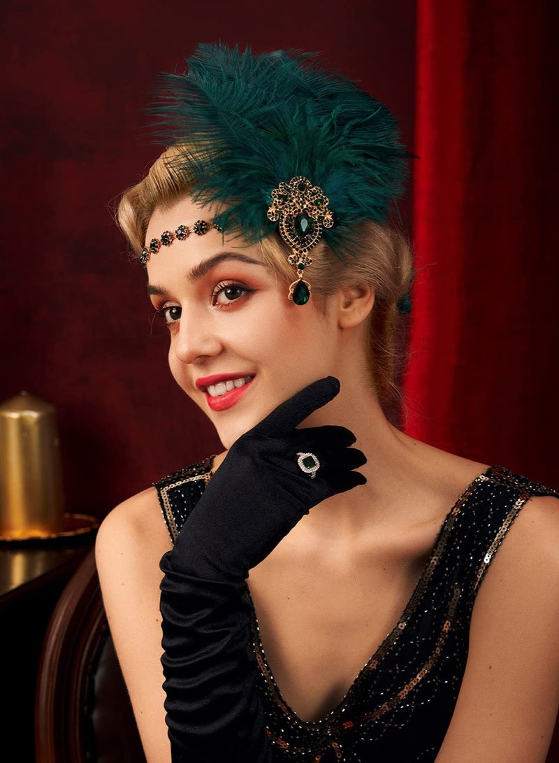 KASTWAVE 1920s Feather Headpiece Rhinestone Crystal Elastic Satin Ribbo Feather Headband, Great Gatsby Hair Accessories for Women,Dark Green - Image 2