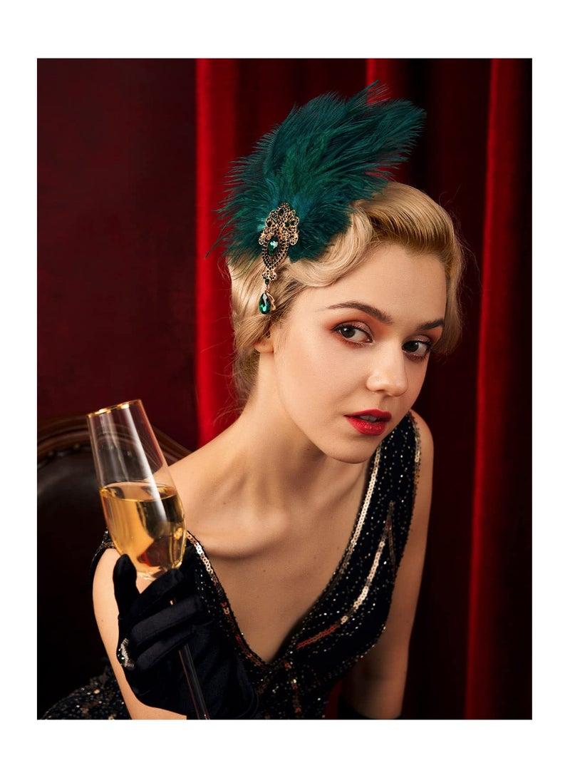 KASTWAVE 1920s Feather Headpiece Rhinestone Crystal Elastic Satin Ribbo Feather Headband, Great Gatsby Hair Accessories for Women,Dark Green - Image 4