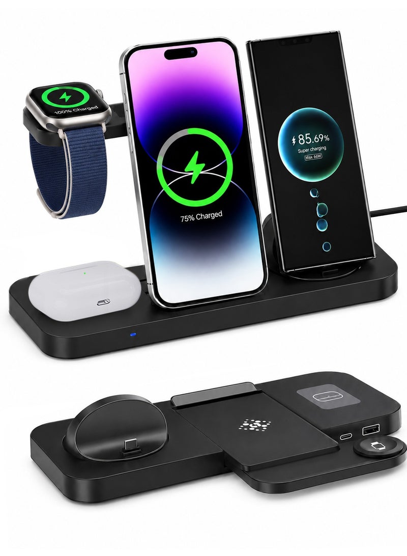 6 in 1 Wireless charger, Foldable MagSafe Charging Station for iPhone 17/16/15/14 Series, Apple Watch 11/10/9/8/7/Ultra,SE, AirPods Pro 2, Rotatable Type-C for Android device, Lightning Adapters, USB PD Power 15W Output, Qi Certified, Strong Magnetic - Image 1
