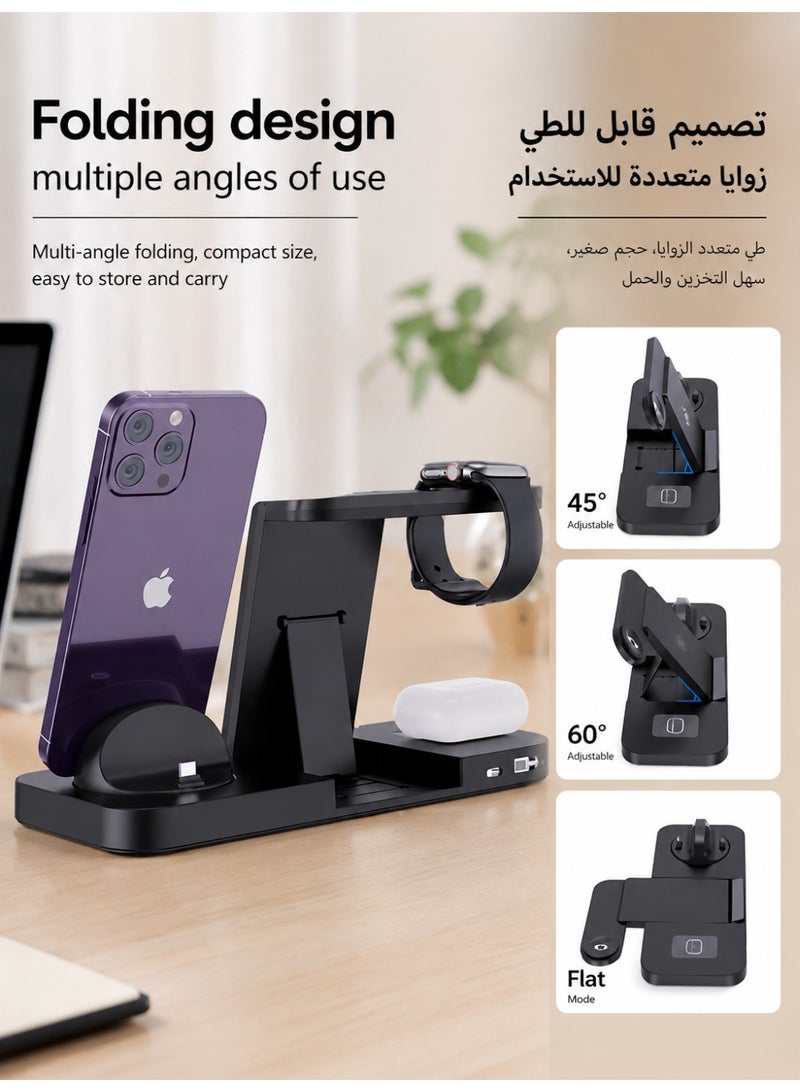 6 in 1 Wireless charger, Foldable MagSafe Charging Station for iPhone 17/16/15/14 Series, Apple Watch 11/10/9/8/7/Ultra,SE, AirPods Pro 2, Rotatable Type-C for Android device, Lightning Adapters, USB PD Power 15W Output, Qi Certified, Strong Magnetic - Image 3
