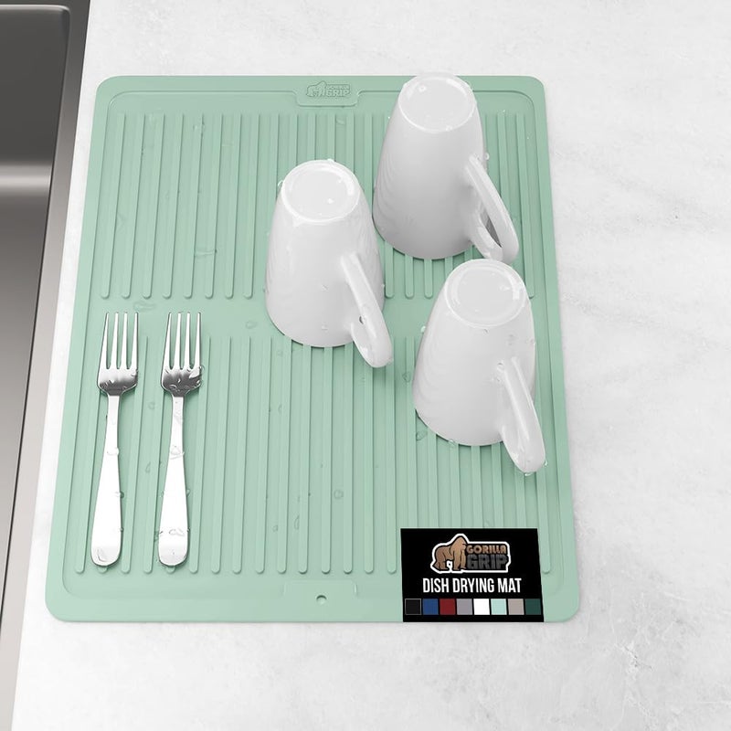 GORILLA GRIP 100 BPAFree Patented Silicone Dish Drying Mat for Kitchen Counter Water Catching Ribbed Design Easy Clean Waterproof Sink Liner Heat Resistant Fits Under Rack 12x16 Inch Mint