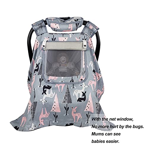 ICOPUCA Car Seat Covers for Babies Unisex Newborn, Carseat Cover Girls/boy with Handle Cushion, Suit Spring Autumn Winter, Deer, Cotton & White Minky; - Image 3