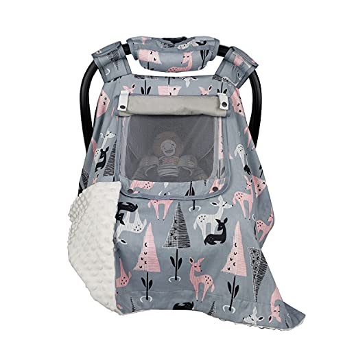 ICOPUCA Car Seat Covers for Babies Unisex Newborn, Carseat Cover Girls/boy with Handle Cushion, Suit Spring Autumn Winter, Deer, Cotton & White Minky; - Image 1