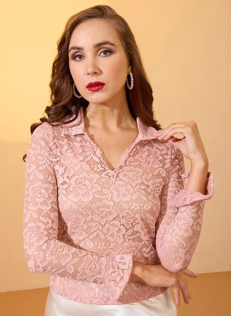 globus Globus Women Pink Collared V-Neck Floral Lace Party Top