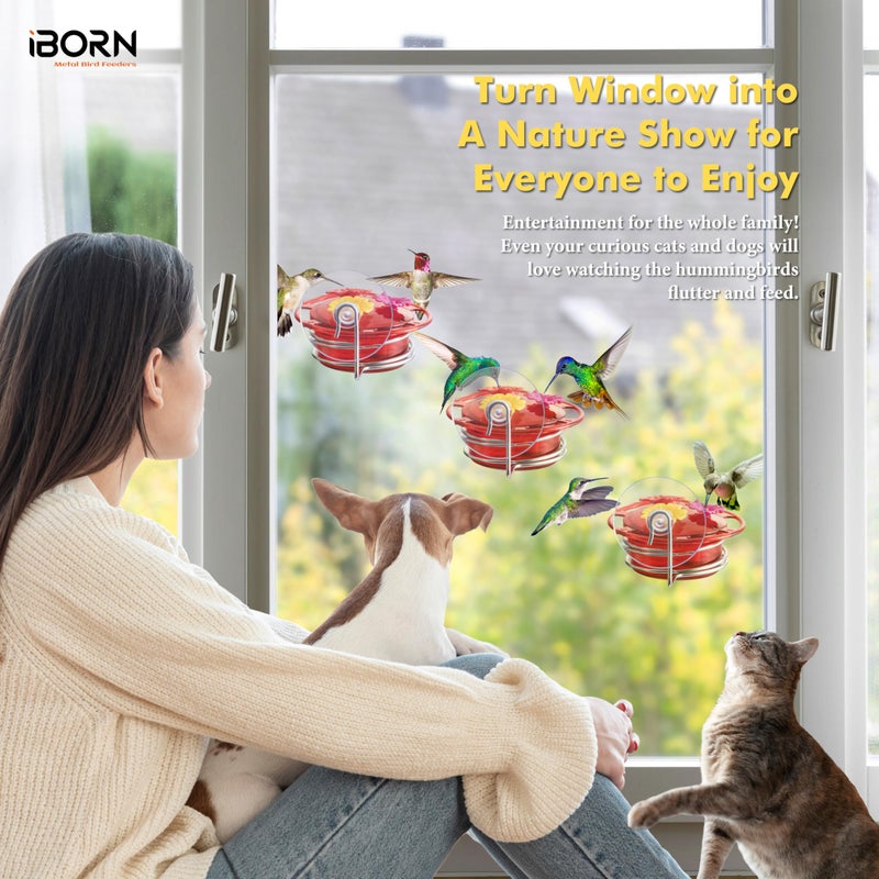 iBorn Window Hummingbird Feeder Mini Hummingbird Feeders for Outdoors, 3OZ Humming Bird Feeder with Strong Suction Cup, 3 Feeding Ports & Stainless Steel Base, 3 Set - Image 5