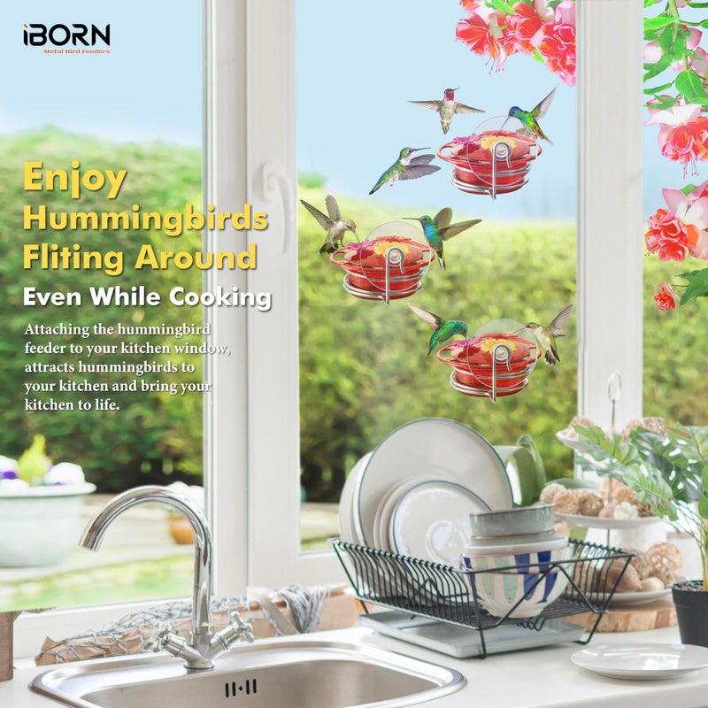 iBorn Window Hummingbird Feeder Mini Hummingbird Feeders for Outdoors, 3OZ Humming Bird Feeder with Strong Suction Cup, 3 Feeding Ports & Stainless Steel Base, 3 Set - Image 4