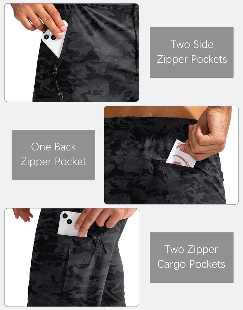 Pudolla Men's Hiking Cargo Shorts 9" Lightweight Outdoor Work Shorts for Men Travel Golf Camping Casual with 5 Zipper Pockets(Black Camo Medium) - Image 4