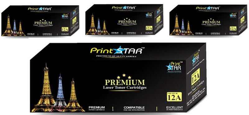 Print Star 12A Colour Black Laser Toner Cartridge Replacement of Q2612A Compatible with HP Laserjet 1010, 1012, 1015, 1018, 1020, 1022, 1022n, 3020, 3030, 3050, 3052, 3055, M1005, M1319f (Pack of 4) - Image 1
