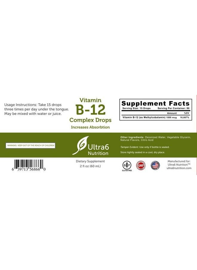Ultra6 Nutrition - Vitamin B12 Drops 90 Day Supply Liquid B12 For Best Absorption Methylcobalamin B12 Great For Energy Sublingual B12 Drops - Image 1
