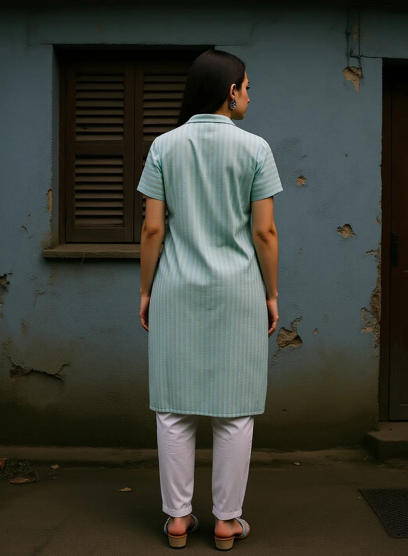  قصة Women's Mint Green Horizontal Candy-Striped Kurta For Ethnic Wear | Mandarin Collar, Short Regular Sleeves | Stripes Plain Fabric | 1 Piece Kurta Designed For Casual & Daily Wear
