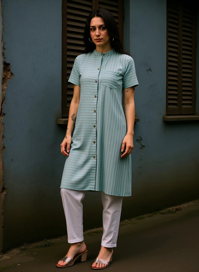 قصة Women's Mint Green Horizontal Candy-Striped Kurta For Ethnic Wear | Mandarin Collar, Short Regular Sleeves | Stripes Plain Fabric | 1 Piece Kurta Designed For Casual & Daily Wear