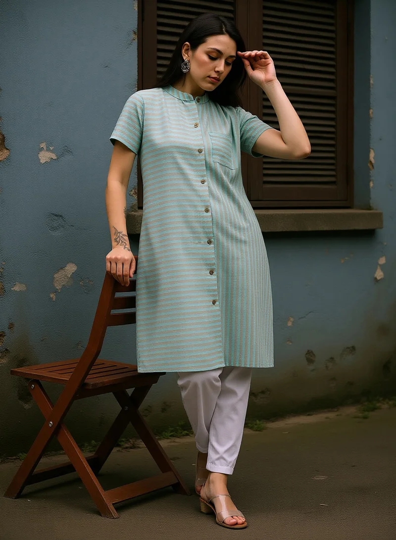  قصة Women's Mint Green Horizontal Candy-Striped Kurta For Ethnic Wear | Mandarin Collar, Short Regular Sleeves | Stripes Plain Fabric | 1 Piece Kurta Designed For Casual & Daily Wear