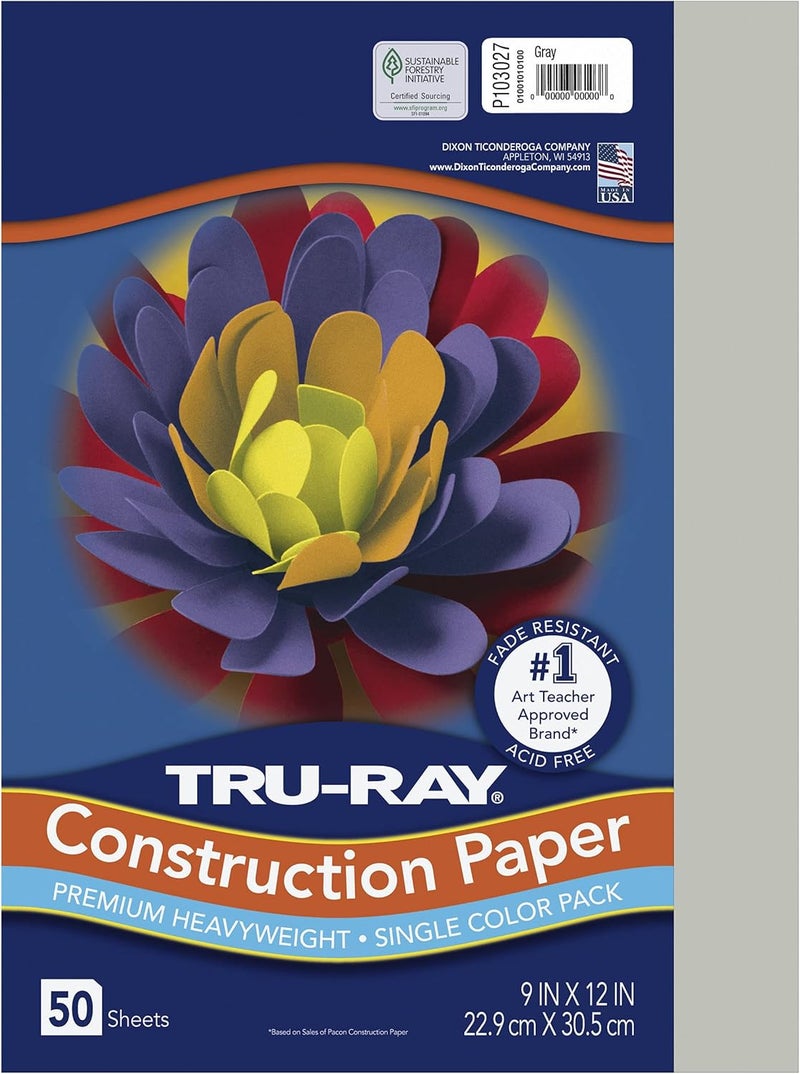 TRU-RAY PACON " Heavyweight Construction Paper, Gray, 9"" x 12"", 50 Sheets" (PAC103027) - Image 1