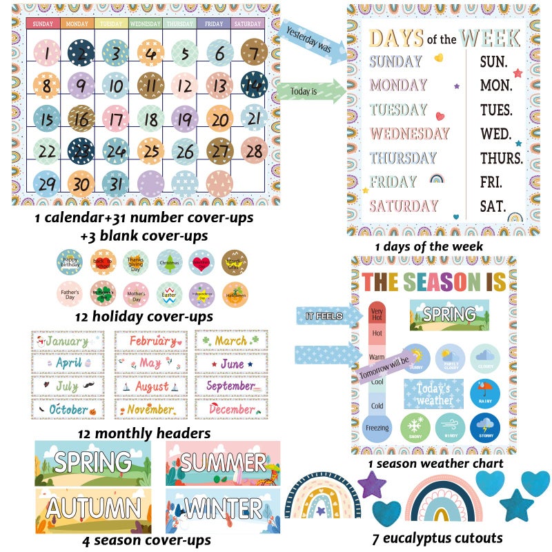 Tevxj Colorful Calendar Bulletin Board Set Calendar Seasons Weather Chart CTP Bulletin Board and Classroom Decoration with Seasons, Weather, and Days of The Week Chart, Back to School Decorations - Image 2