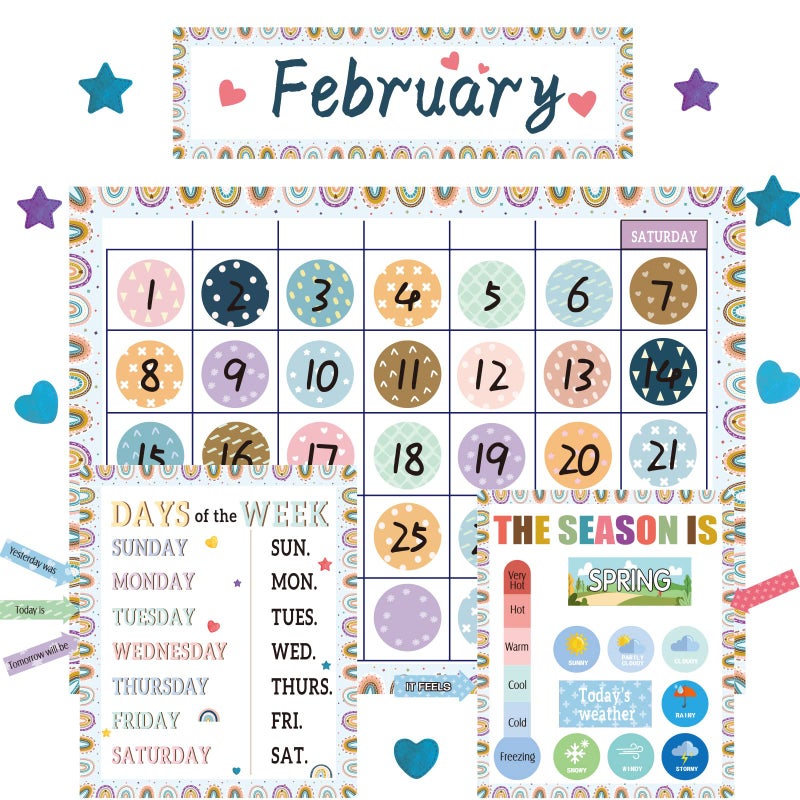 Tevxj Colorful Calendar Bulletin Board Set Calendar Seasons Weather Chart CTP Bulletin Board and Classroom Decoration with Seasons, Weather, and Days of The Week Chart, Back to School Decorations - Image 1