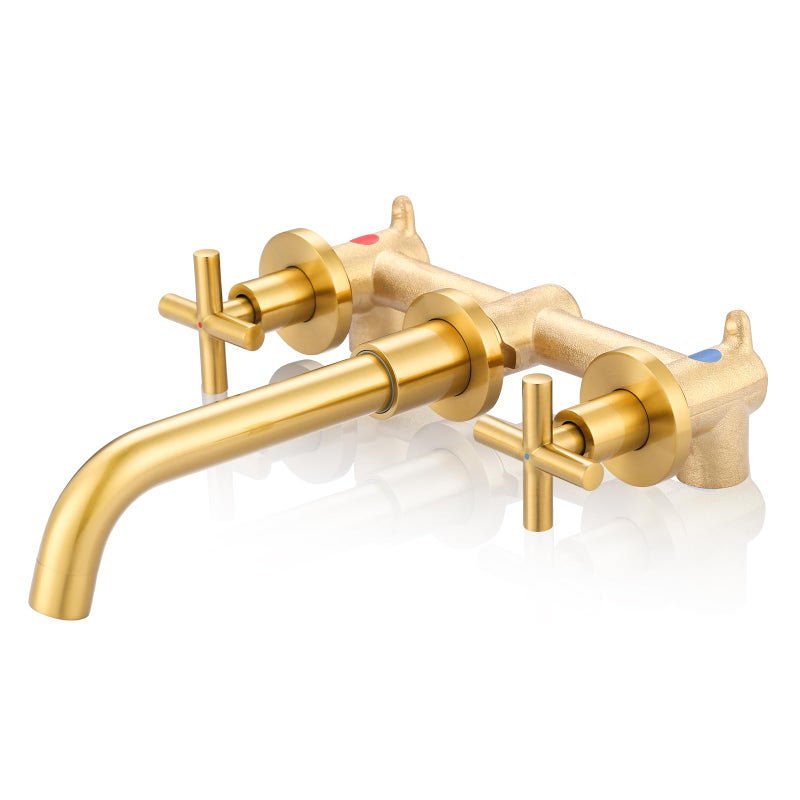 Wall Mount Bathroom Faucet ARCORA Brushed Gold Bathroom Sink Faucet 2 Handle Wall Mount Vessel Sink Faucet Rough in Brass Valve Included