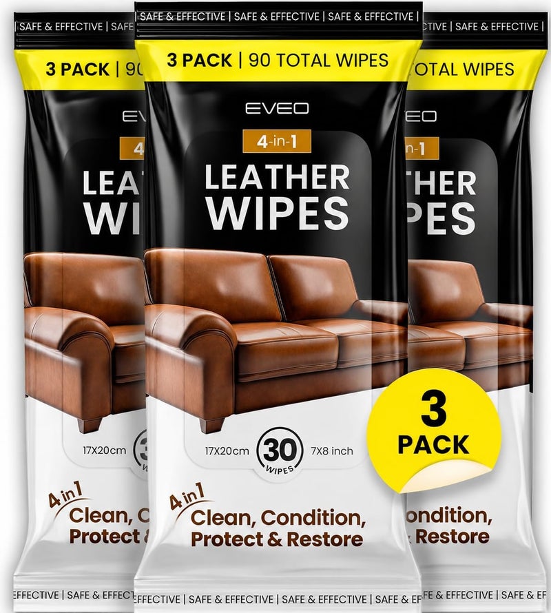 EVEO Leather Cleaner Wipes 4-in-1 Leather Cleaner and Conditioner for Furniture, Car Interior, Couch, Shoes & Purses – UV Protection, XL Moistened Cleaning Wipes Restore & Protect – 3 Pack (90 Total) - Image 1