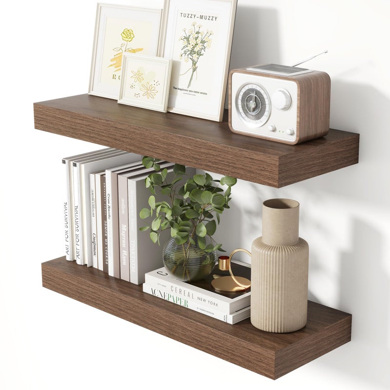 Heimlove 24 Inch Floating Shelves for Wall Walnut Shelves Set of 2,Wall Mounted Rustic Wood 8 Inch Deep Floating Shelf with Invisible Brackets for Bedroom Kitchen Living Room - Image 1
