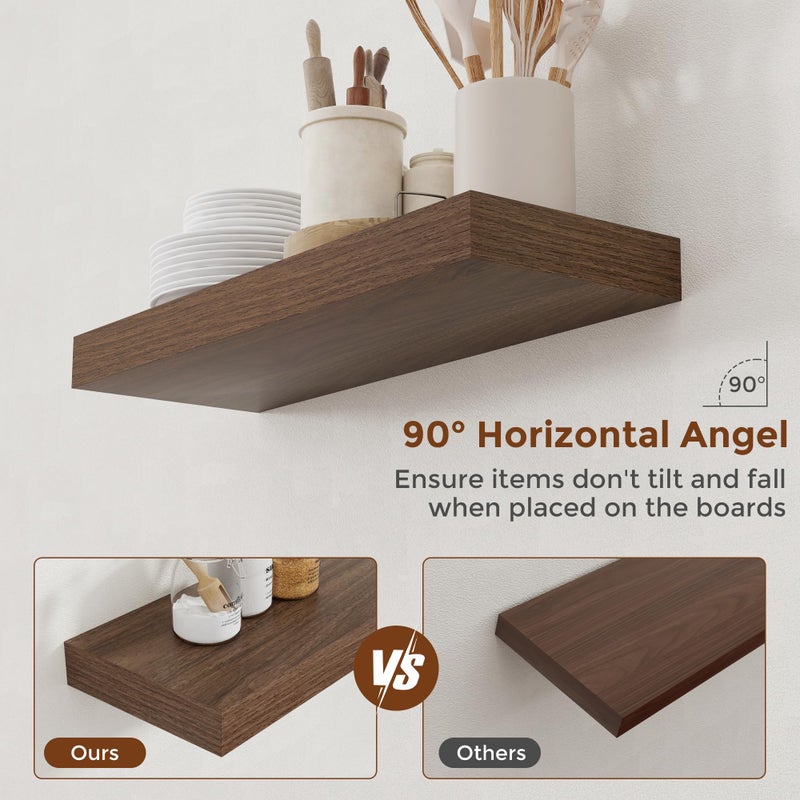 Heimlove 24 Inch Floating Shelves for Wall Walnut Shelves Set of 2,Wall Mounted Rustic Wood 8 Inch Deep Floating Shelf with Invisible Brackets for Bedroom Kitchen Living Room - Image 4