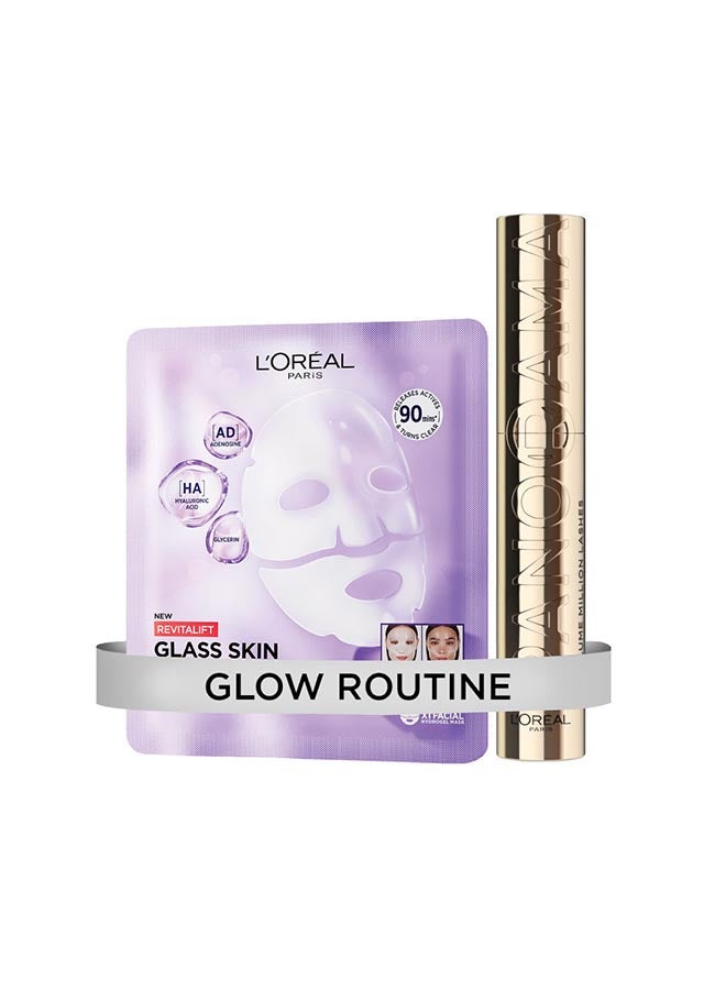 L'OREAL PARIS ماسكارا لوريال باريس فوليوم مليون لاش بانوراما + قناع هيدروجيل جلوسكين ريفيتا ليفت 1 قطعة لبشرة نضرة - Image 1