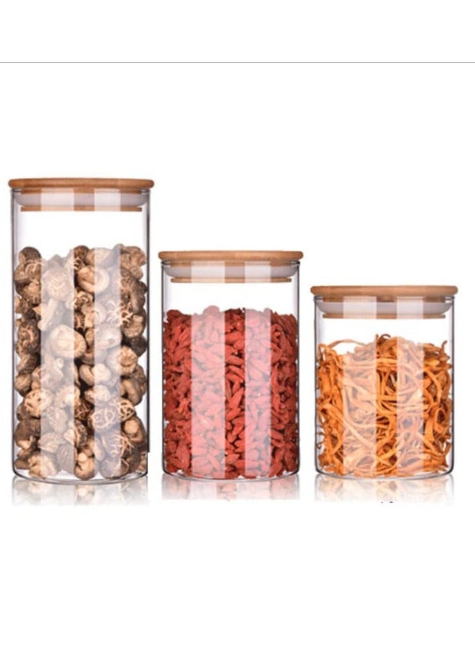 BLACKSTONE Clear Glass and Bamboo Airtight 3pc Canister Set 450ML 750ML 1000ML Kitchen Food Storage Containers Pantry Organization Jars with Wooden Lids - Image 1