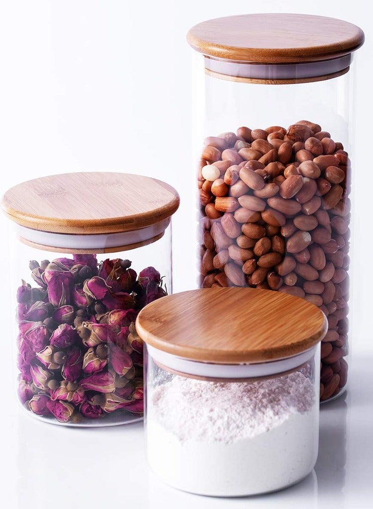 BLACKSTONE Clear Glass and Bamboo Airtight 3pc Canister Set 450ML 750ML 1000ML Kitchen Food Storage Containers Pantry Organization Jars with Wooden Lids - Image 2