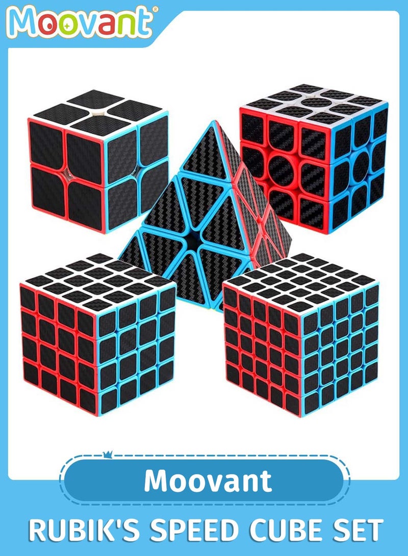 Moovant 5PCS Speed Cube Set, Bundle Magic Cube Set of 2x2 3x3 4x4 5x5, Pyramid Cube, Smoothly Carbon Fiber Sticker Puzzle Cube Collection for Kids Teens & Adults  - Image 1