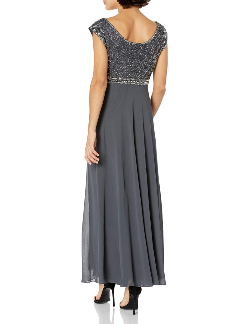 J Kara Women's Petite Petite Short Sleeve Beaded Top Long Dress Dress, Gray/Multi, 10P - Image 2