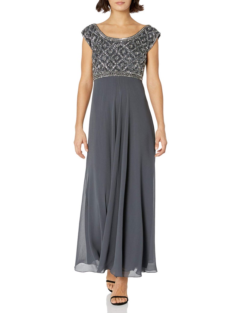 J Kara Women's Petite Petite Short Sleeve Beaded Top Long Dress Dress, Gray/Multi, 10P - Image 4