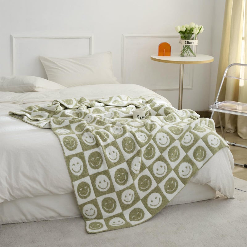 YIRUIO with Smiley Faces Checkerboard Throw Blankets Checkered Reversible Microfiber Super Soft Warm Cozy Fluffy Shaggy Blanket for Home Office Couch Bed Sofa Decor Matcha Green