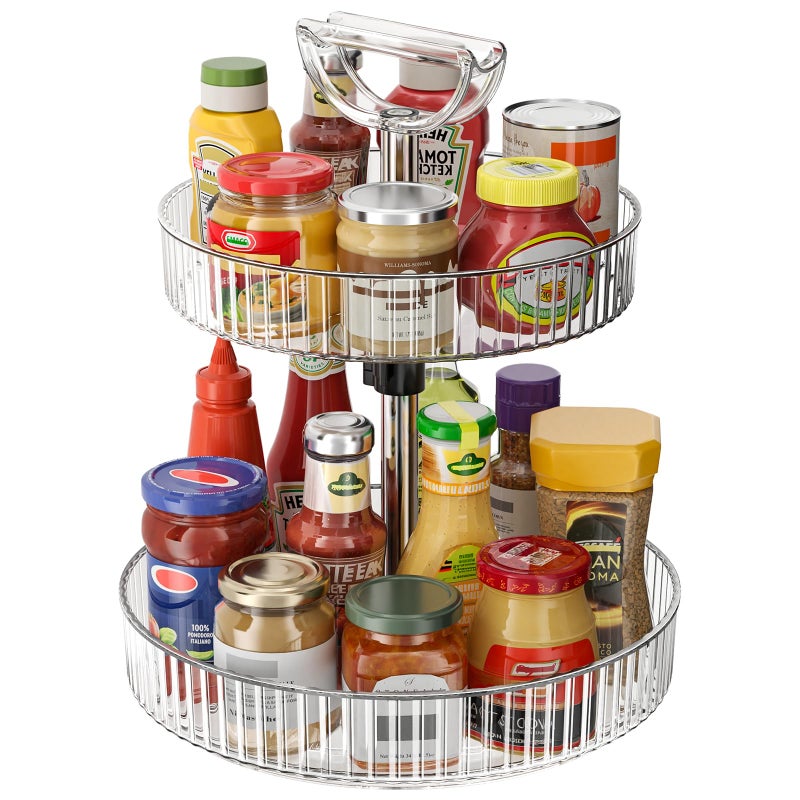 Seoneiro 2-Tier Lazy Susan 360Â° Rotating Turntable Organizer Rack with Handles Height Adjustable, Spice Rack Holder Organizer for Cabinet, Pantry Organizers Bathroom Countertop Storage (Transparent Color) - Image 1
