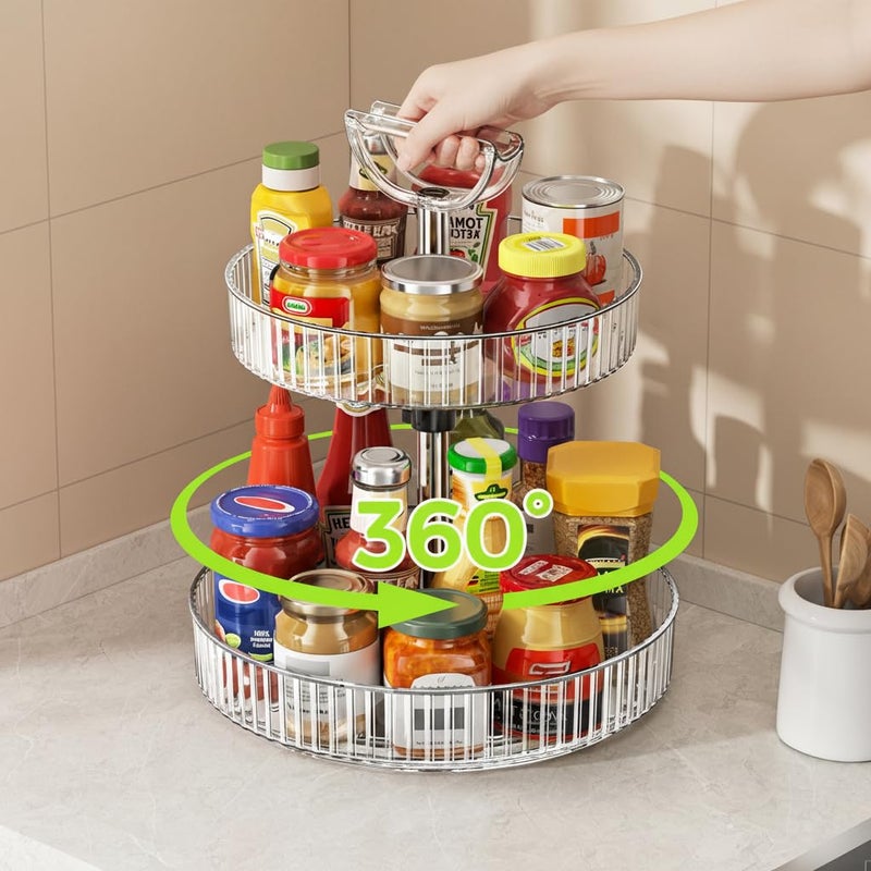 Seoneiro 2-Tier Lazy Susan 360Â° Rotating Turntable Organizer Rack with Handles Height Adjustable, Spice Rack Holder Organizer for Cabinet, Pantry Organizers Bathroom Countertop Storage (Transparent Color) - Image 2