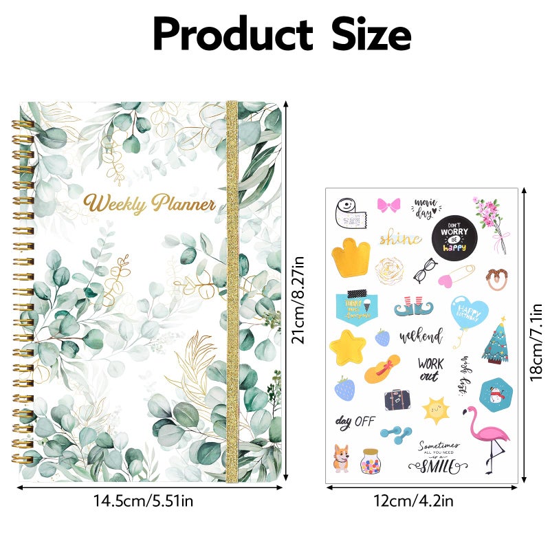 Thboxes Undated Weekly Planner, A5 Weekly To Do List Notebook with Habit Tracker Spiral Binding Weekly Planner Notebook with Stickers Home Work School Supplies, Grean Leaves - Image 2