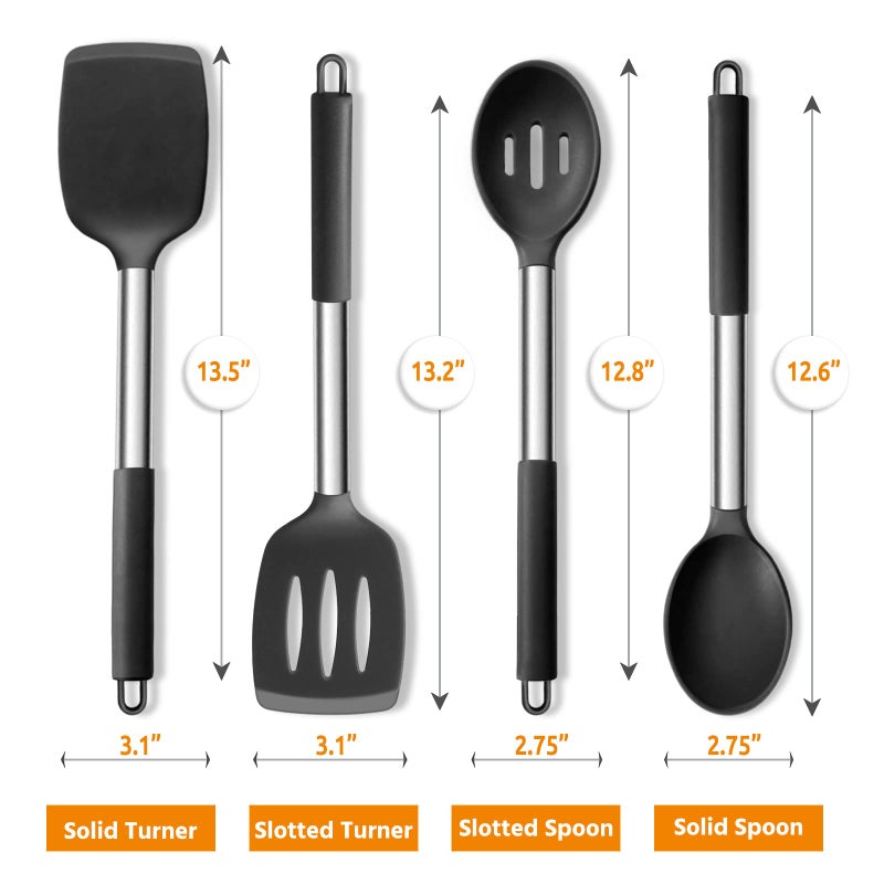 E-far Cooking Utensils Set of 4, Silicone Kitchen Utensils for Non-stick Cookware, Heat Resistant & Non-toxic Slotted Spatula Solid Spoon Turner for Flipping Mixing Serving Basting(Black) - Image 2