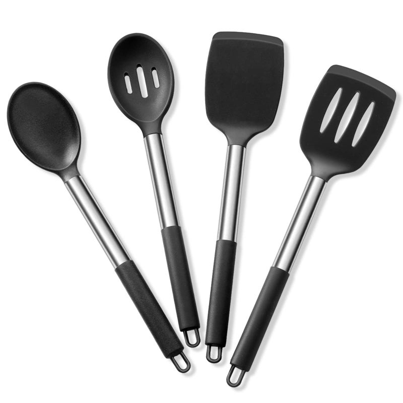E-far Cooking Utensils Set of 4, Silicone Kitchen Utensils for Non-stick Cookware, Heat Resistant & Non-toxic Slotted Spatula Solid Spoon Turner for Flipping Mixing Serving Basting(Black) - Image 1