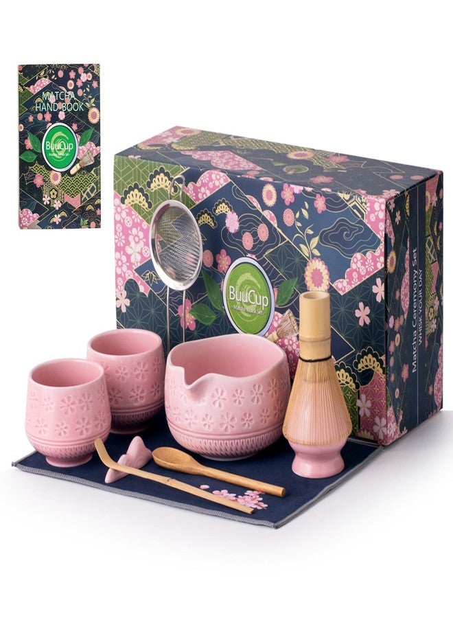 Buucup Matcha Whisk Set, 10 Pcs Matcha Set Includes Matcha Bowl, 2 Cups, Matcha Whisk and Holder, Bamboo Scoop and Spoon, Scoop Rest, Sifter and Tea Towel, Complete Matcha Kit (Pink) - Image 1