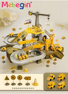 MEBEGIN Engineering Tracks Set with 4 Cars and Rich Accessaries, Construction Race Tracks Car Set, Flexible Track PlaySet, DIY Construction Vehicle Toys for Kids Aged 3+, Easy to Assemble  - Image 1