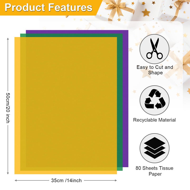 AORZIT Purple, Yellow, Green Tissue Paper - Mardi Gras Wrapping Paper, 80 Sheets, 14x20 Inch, Bulk - Gift Bag, Carnival, Masquerade, Holiday Party Favor Decor - Image 4