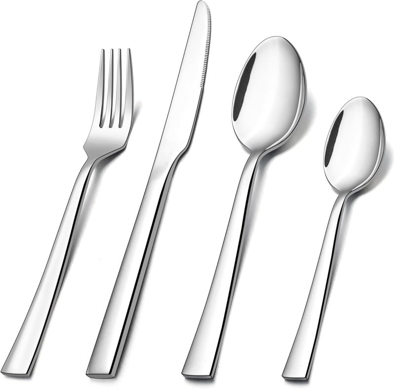E-far 24-Piece Silverware Set, Stainless Steel Flatware Tableware Set for 6, Eating Dinner Utensils for Home Restaurant Party, Include Spoons, Fork, Knife, Square Edge & Mirror Finish, Dishwasher Safe - Image 1
