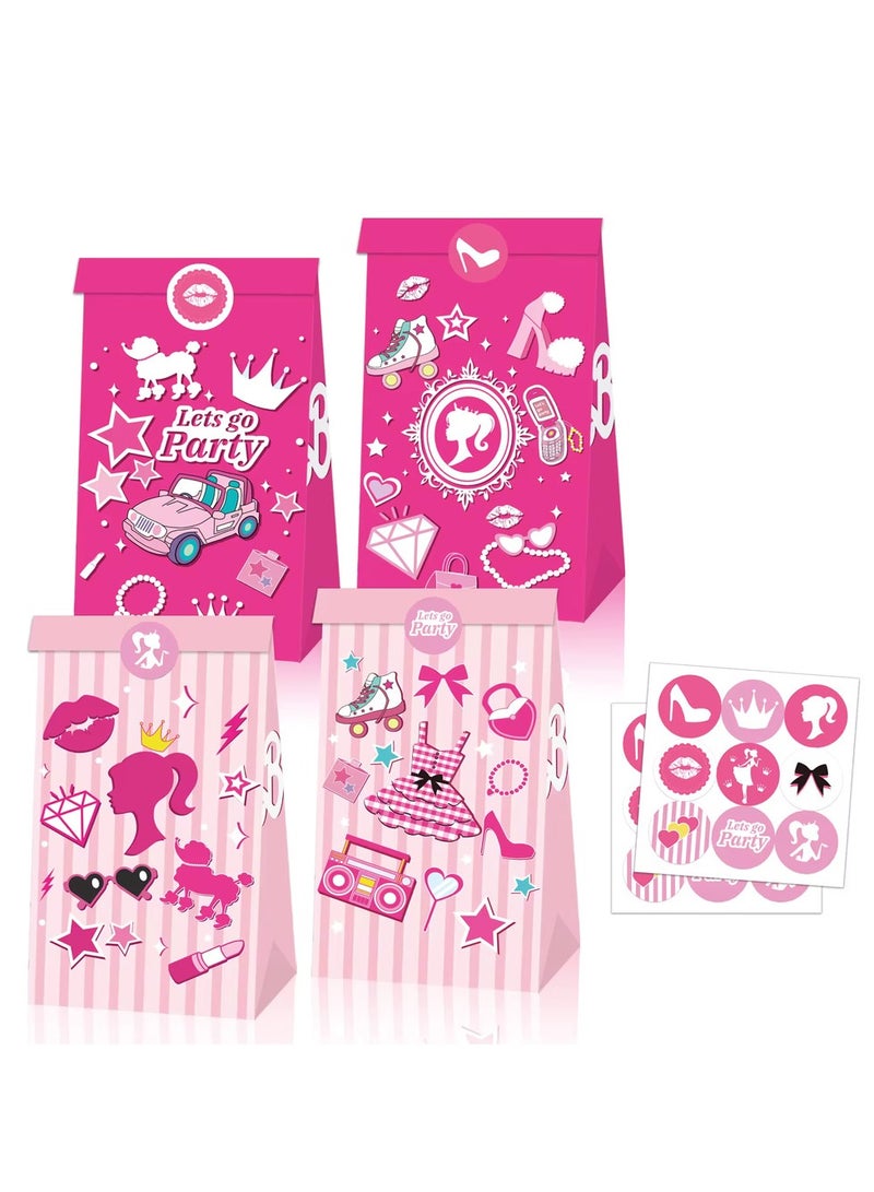 ThePartyPopper Princess Theme Party Favor Bags, Set of 12, Paper Bags with Stickers, for Girls' Birthday Party Supplies - Image 1