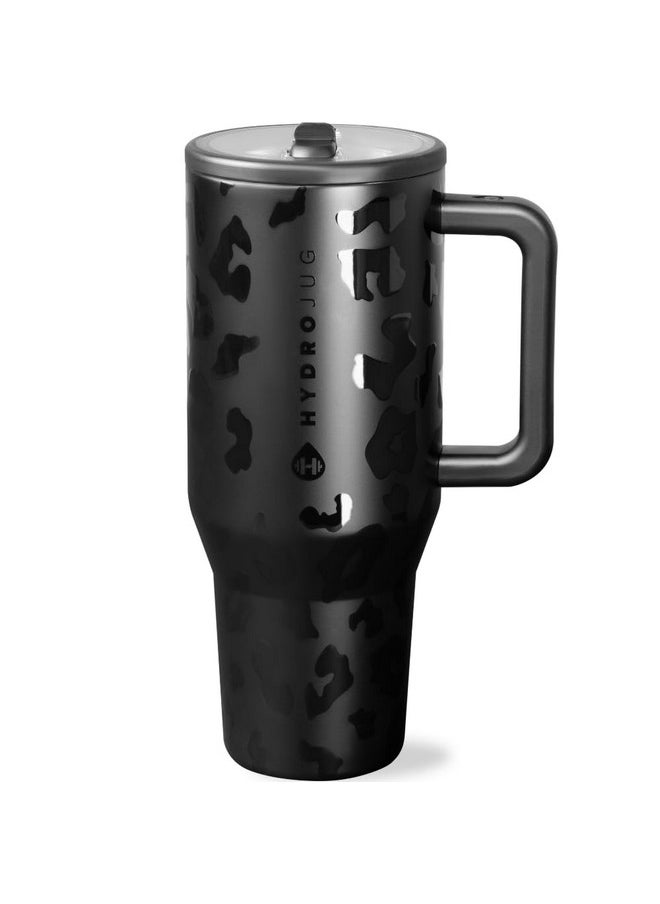 HydroJug - HydroJug Traveler - 40 oz Water Bottle with Handle & Flip Straw - Fits in Cup Holder, Leak Resistant Tumbler-Reusable Insulated Stainless Steel & Rubber Base - Gifts for Women & Men, Black Leopard - Image 1