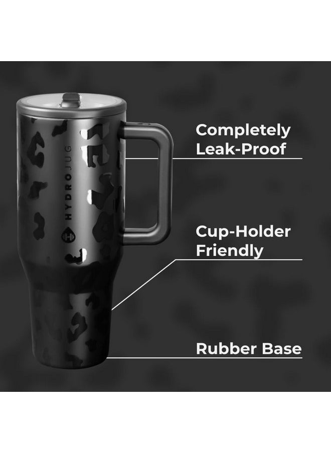 HydroJug - HydroJug Traveler - 40 oz Water Bottle with Handle & Flip Straw - Fits in Cup Holder, Leak Resistant Tumbler-Reusable Insulated Stainless Steel & Rubber Base - Gifts for Women & Men, Black Leopard - Image 1