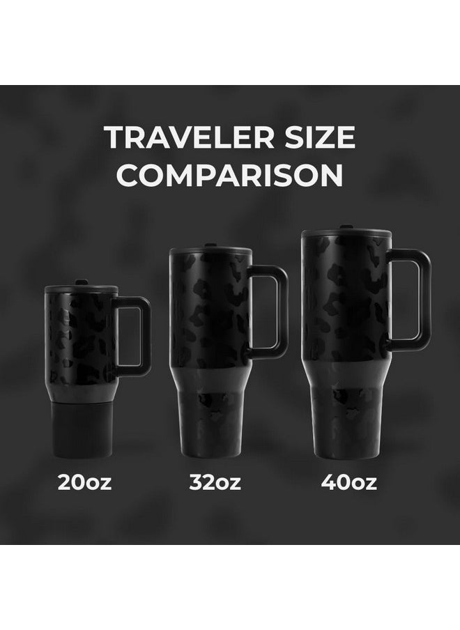 HydroJug - HydroJug Traveler - 40 oz Water Bottle with Handle & Flip Straw - Fits in Cup Holder, Leak Resistant Tumbler-Reusable Insulated Stainless Steel & Rubber Base - Gifts for Women & Men, Black Leopard - Image 1